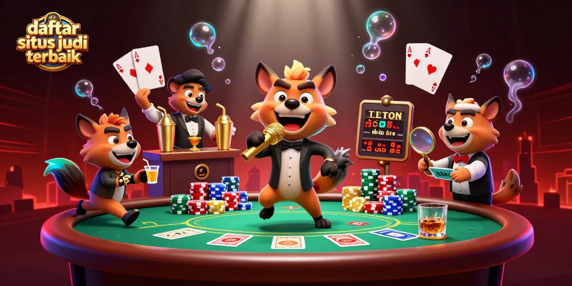 Ini adalah ilustrasi 3D yang menggambarkan daftar situs judi slot online terbaik dengan karakter hyena di klub kasino.