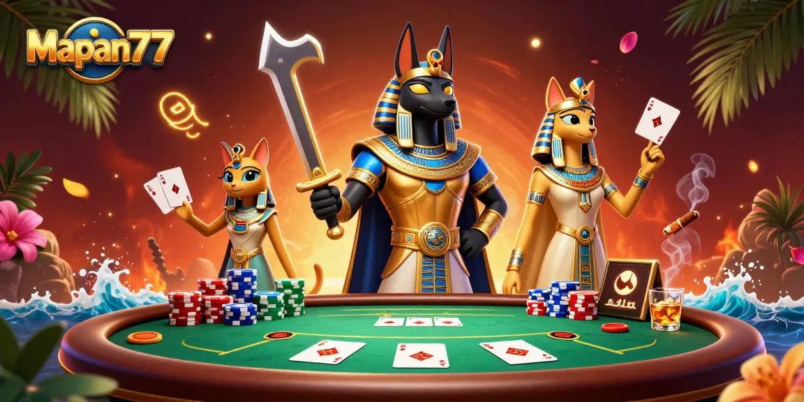 Experience thrilling gameplay at Mapan777 with a vibrant poker scene featuring Anubis and Bastet.