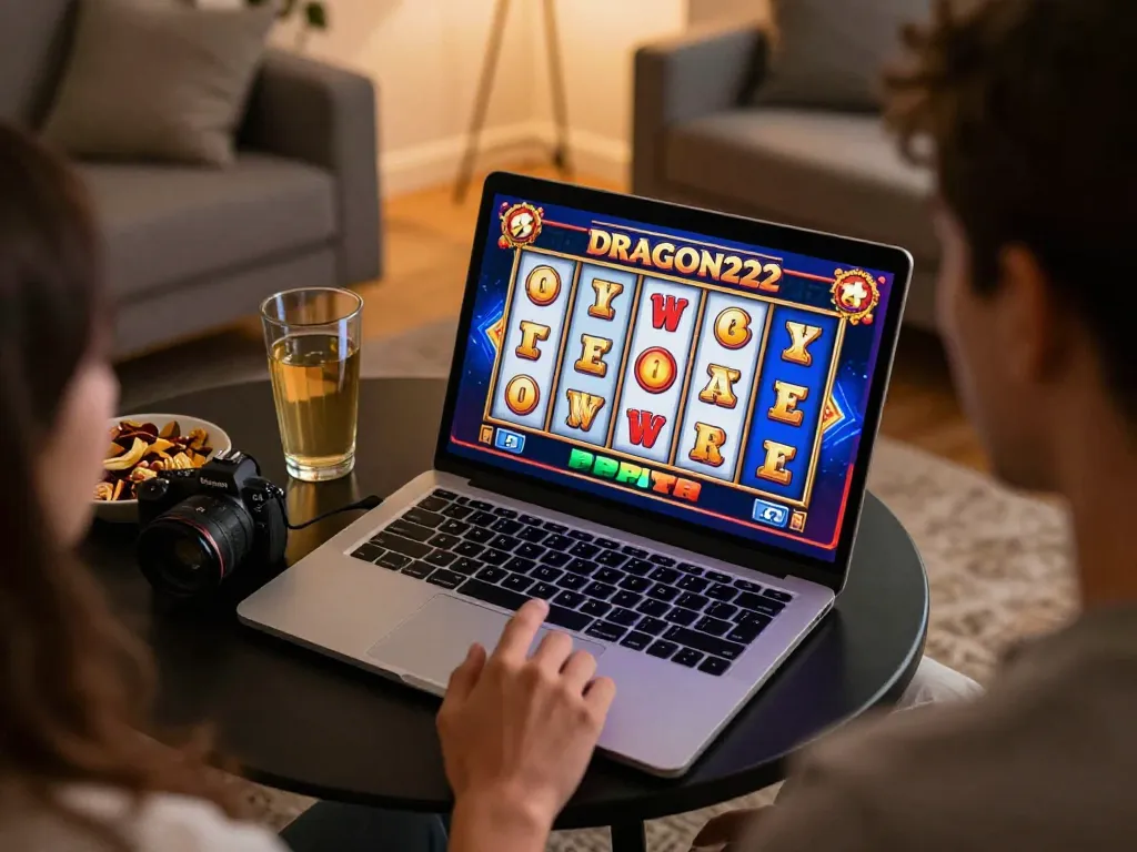 DRAGON222 showcases a thrilling online slot game with a player engaged in a cozy home environment.