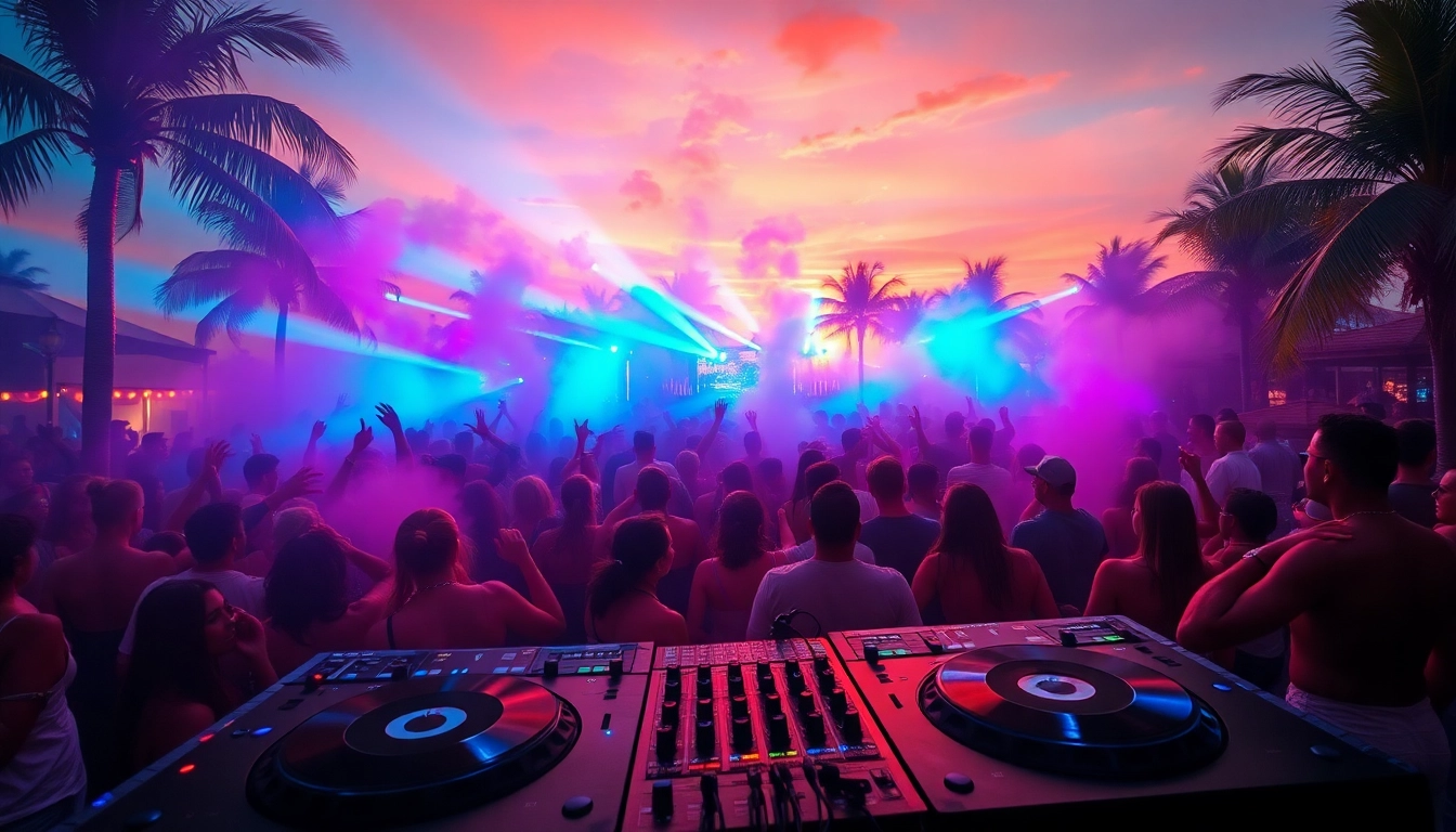 Experience the exhilarating vibe of the miami rave scene filled with people dancing under colorful lights.