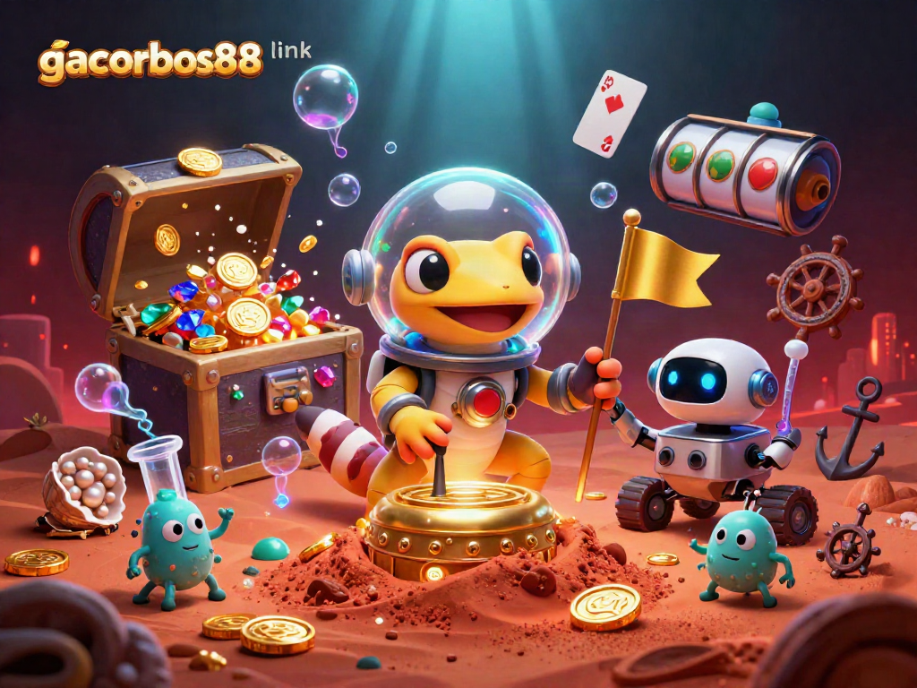 Experience the thrill of winning at gacorbos88 link with slot reels spinning amidst a vibrant casino scene.