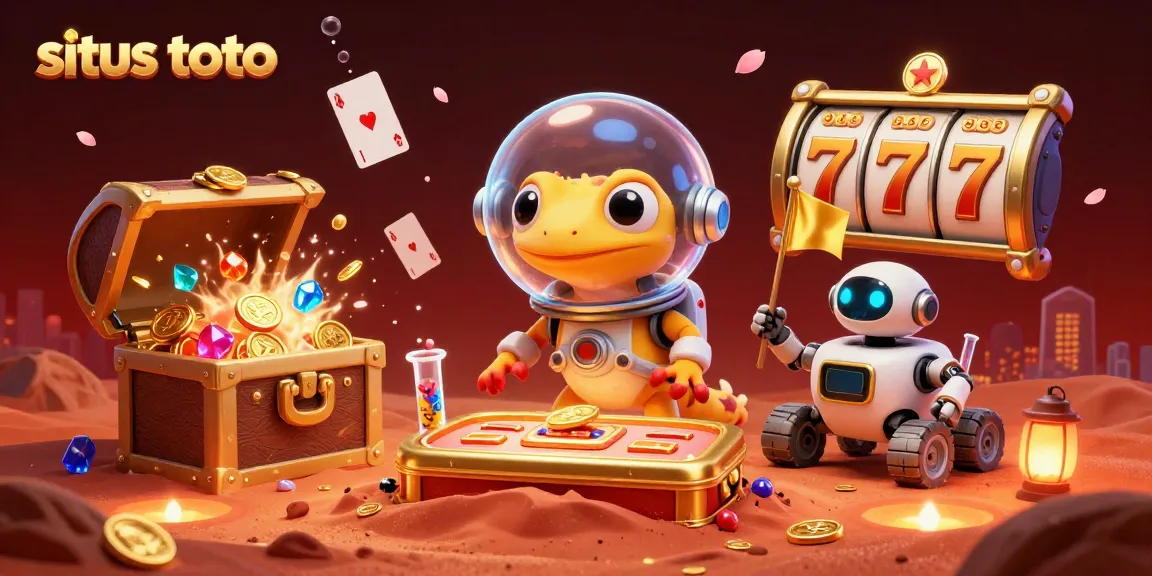 situs toto showcases a Martian gecko discovering a golden casino, packed with vibrant gaming elements, and winning potential.