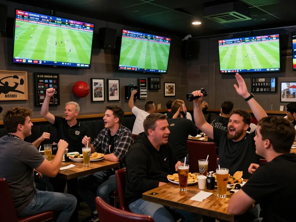 Fans using the nowgoal app at a lively sports bar, celebrating live football betting excitement.