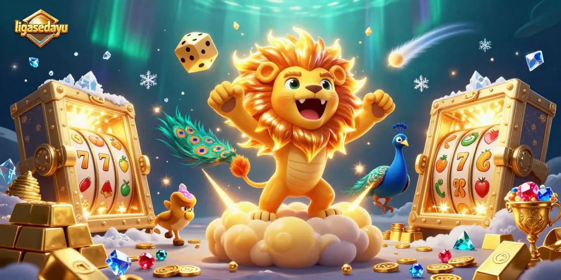 Experience the excitement with ligasedayu's roaring lion among treasures, dice, and vivid casino elements.
