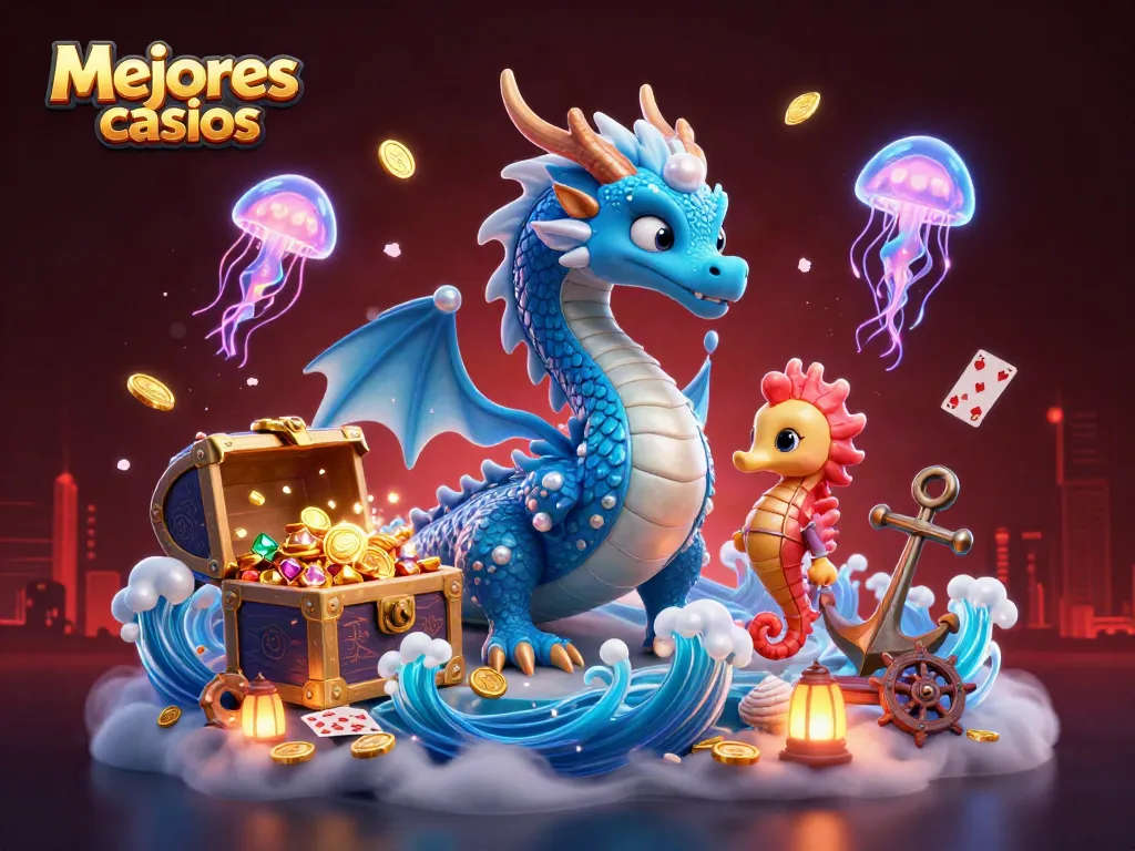 Mejores casinos, ilustración del dragón de agua y caballero de caballito de mar en un casino acuático.