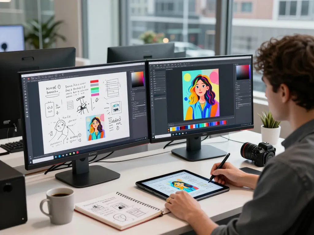 Developer using nano banana pro for AI image editing in a modern workspace.