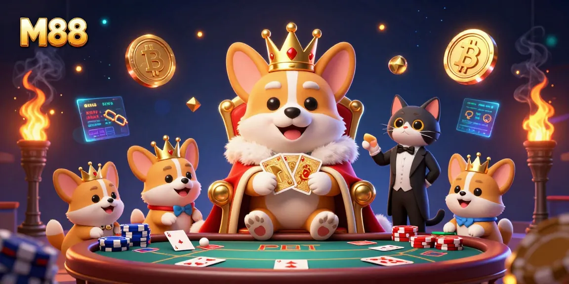 Place your bets at M88 in this vibrant casino scene featuring corgi royalty.