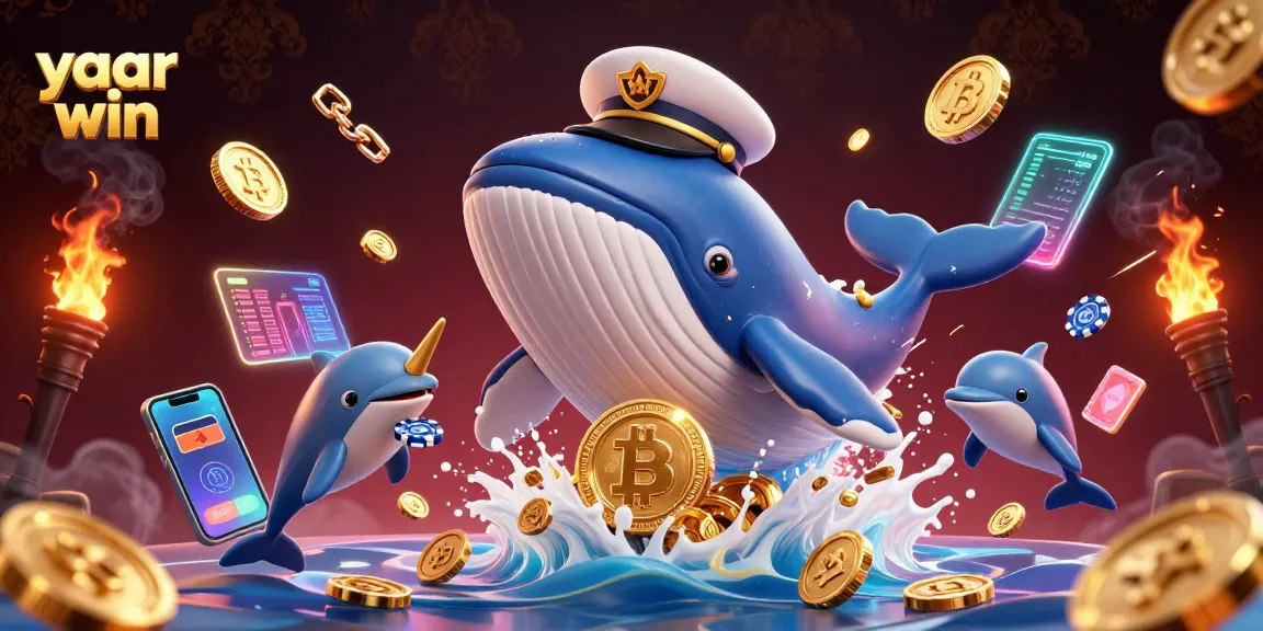Engage with yaar win featuring a large whale, playful dolphins, and glowing crypto coins in dynamic casino scene.