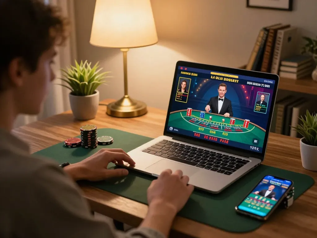 Engaging player enjoying situs gacor live dealer games on a laptop in a cozy online casino setting.