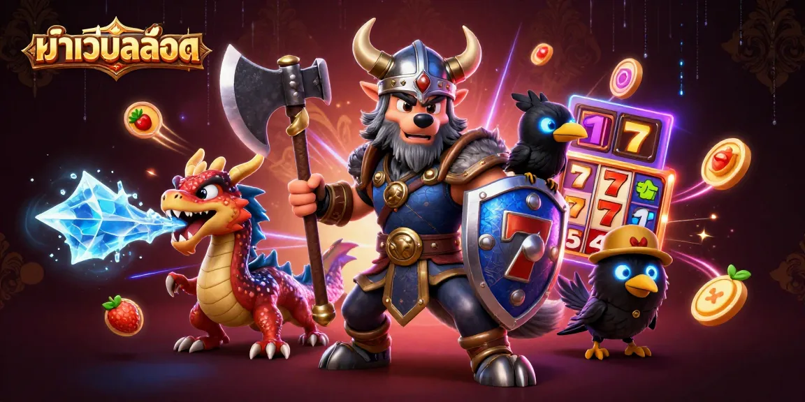 Engage with หน้าเว็บสล็อต through this vibrant 3D illustration of a Viking wolf warrior and magical creatures in a dynamic casino scene.