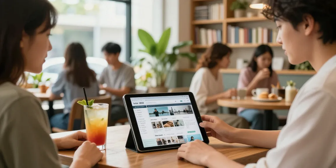 Engaging community scene in a café, browsing local directory at https://forumup.org/shop/search.php?ca_id=&addr1=&addr2=&addr3=&schKeyword= with drinks and plants.