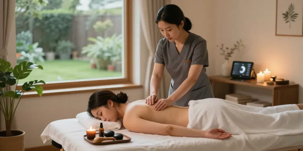 Experiencing a 관악구출장마사지 in a tranquil home setting with a professional therapist.