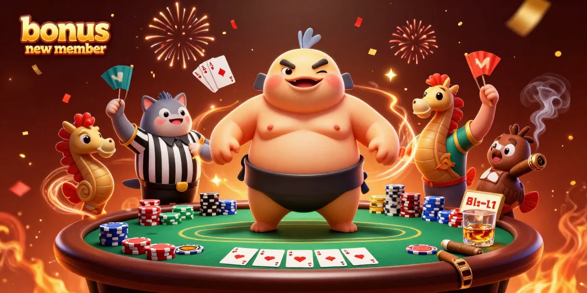 Playfully celebrating a bonus new member with a vibrant 3D casino scene featuring poker elements.