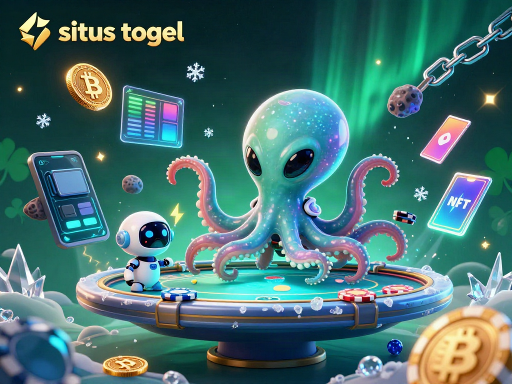 Experience the excitement of situs togel with a cosmic poker showdown featuring an alien octopus and vibrant crypto elements.