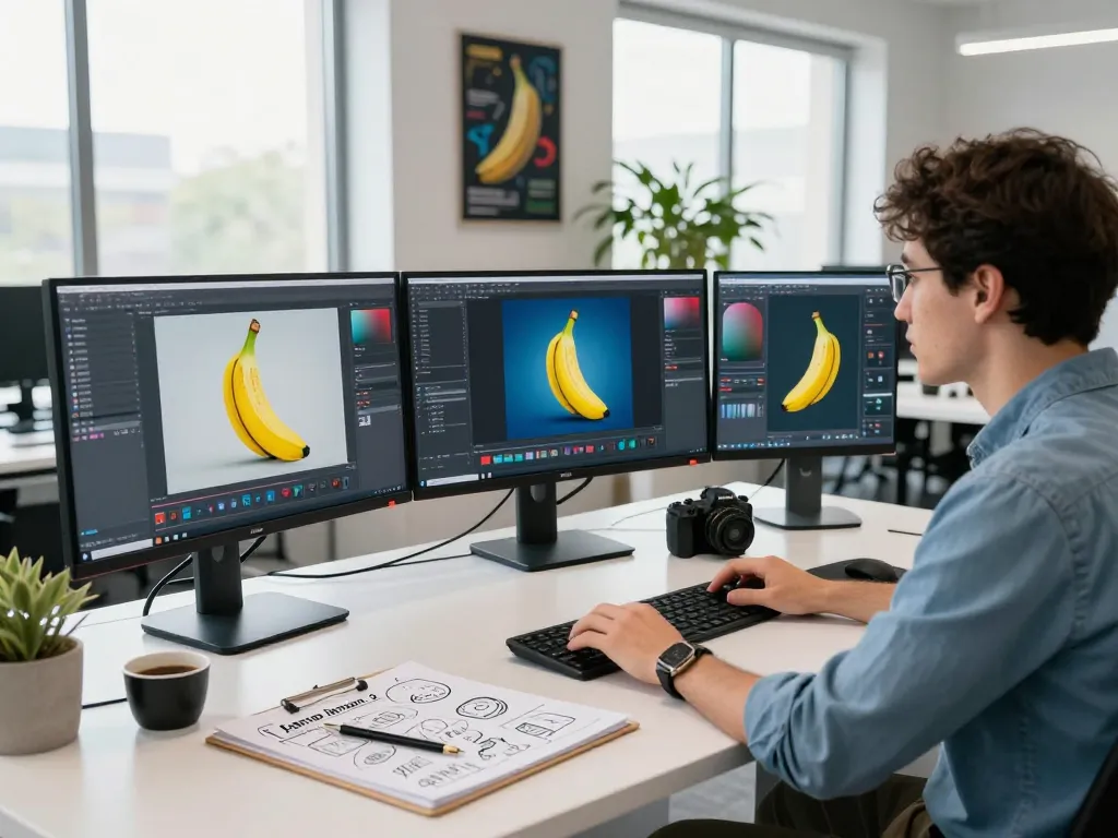 A developer using the nano banana 2 AI image editing tool in a bright tech workspace filled with vibrant graphics and design materials.