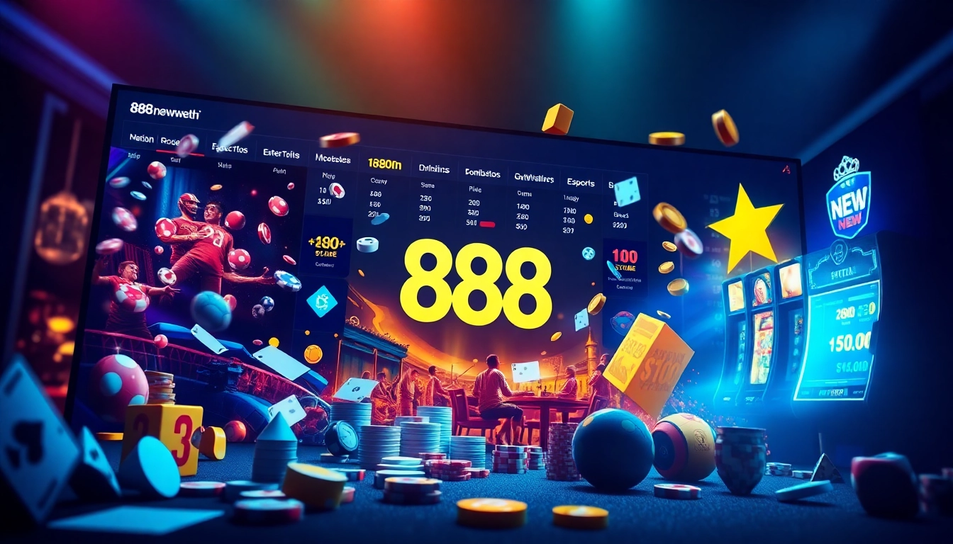 Experience the dynamic world of online gaming with 888new, showcasing vibrant casino and sports betting scenes.