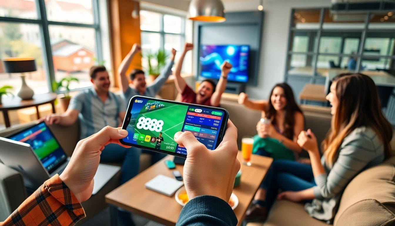 Engaging scene of friends enjoying online gaming with the 888new app on a smartphone, showcasing trust and fun.