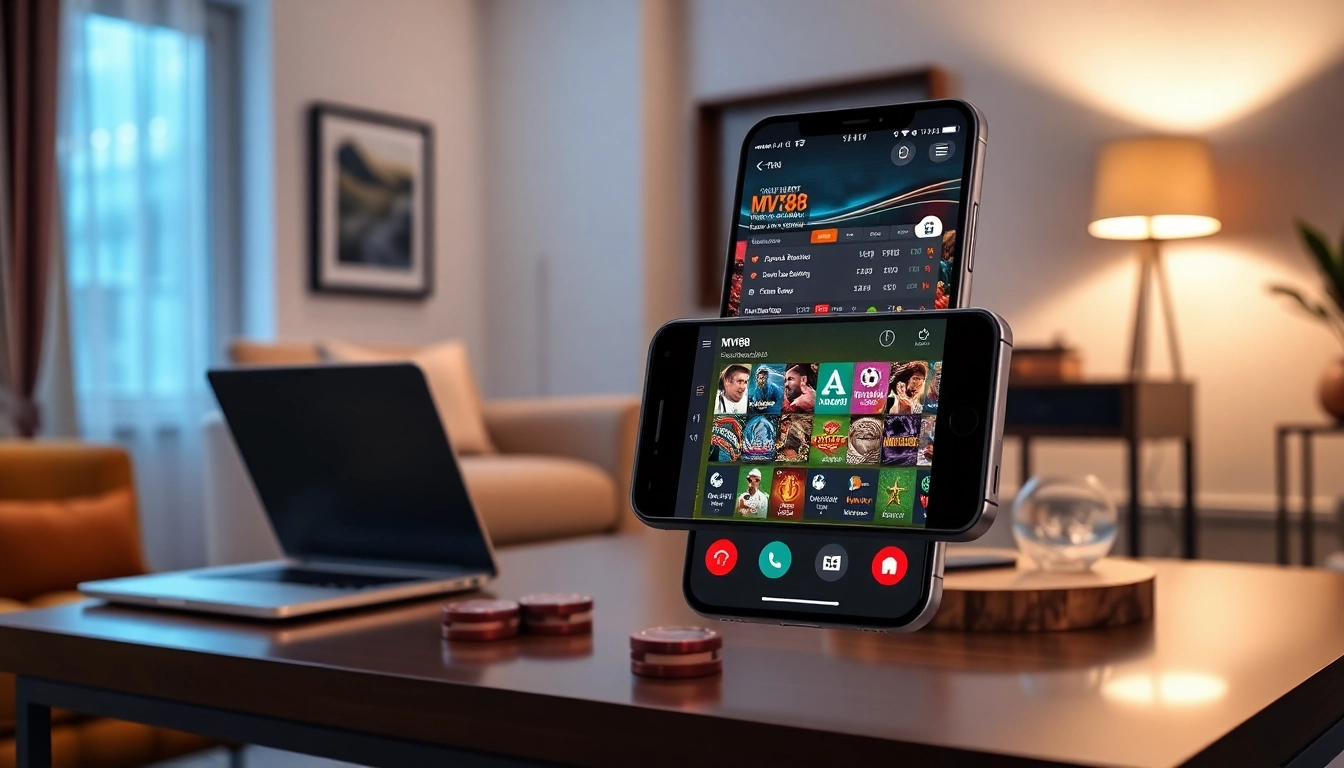 MV88 app showcased on a smartphone in a modern gambling environment.