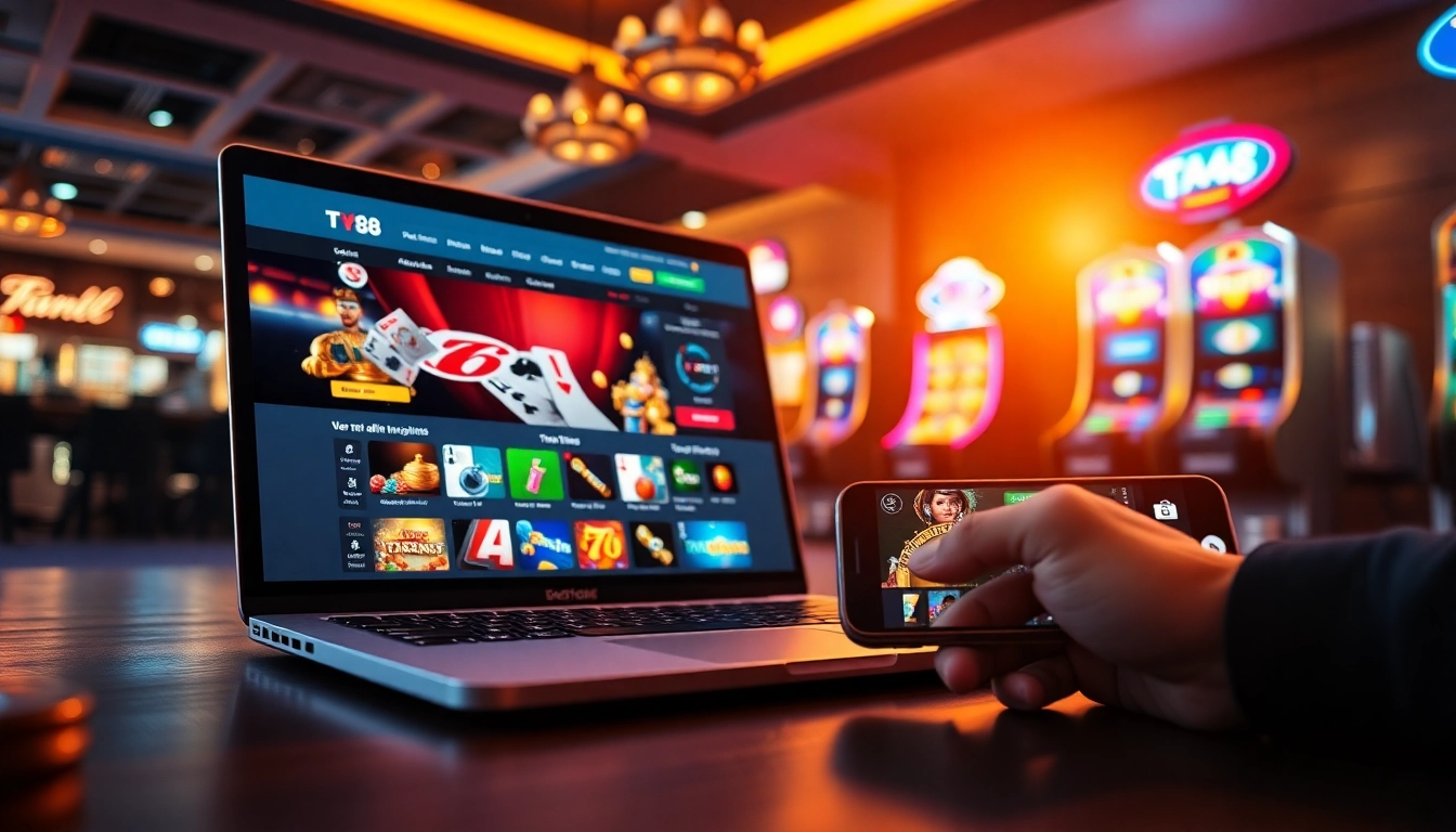 TV88 online gambling experience showcasing a modern gaming interface on laptop and mobile.