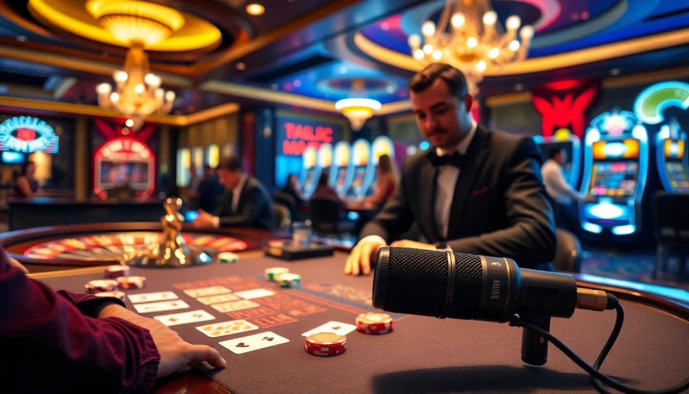 Players engaging at a luxury casino table with MV88 microphone featured, capturing thrilling moments.