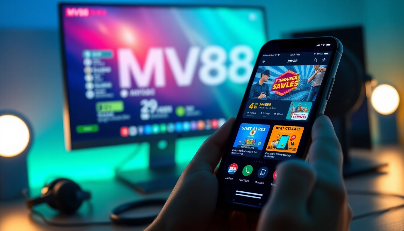 MV88 mobile app interface showcased on a sleek device in a vibrant gaming setup.