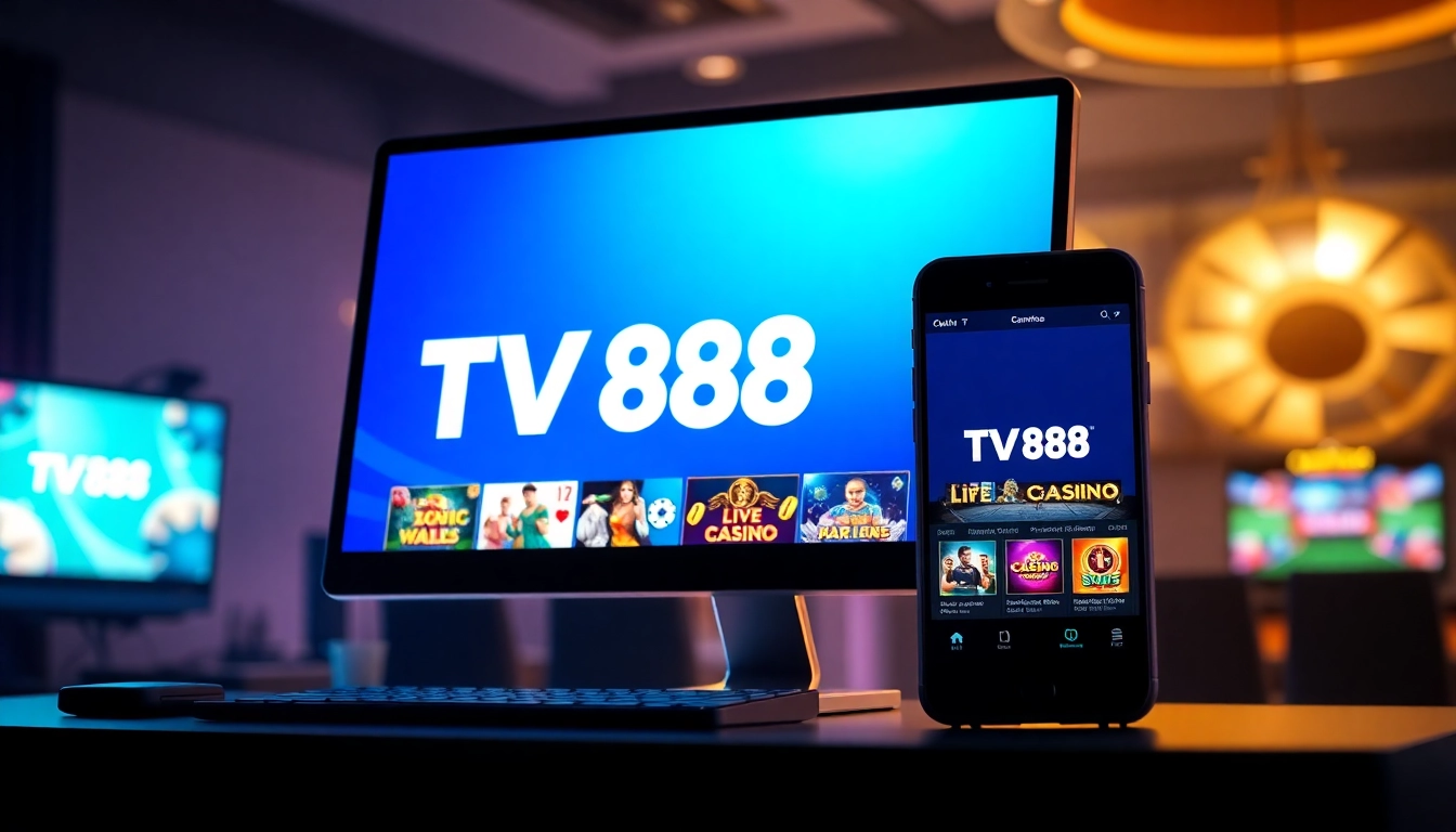 TV88 showcases a vibrant online gaming platform with engaging user interface elements on desktop and mobile.