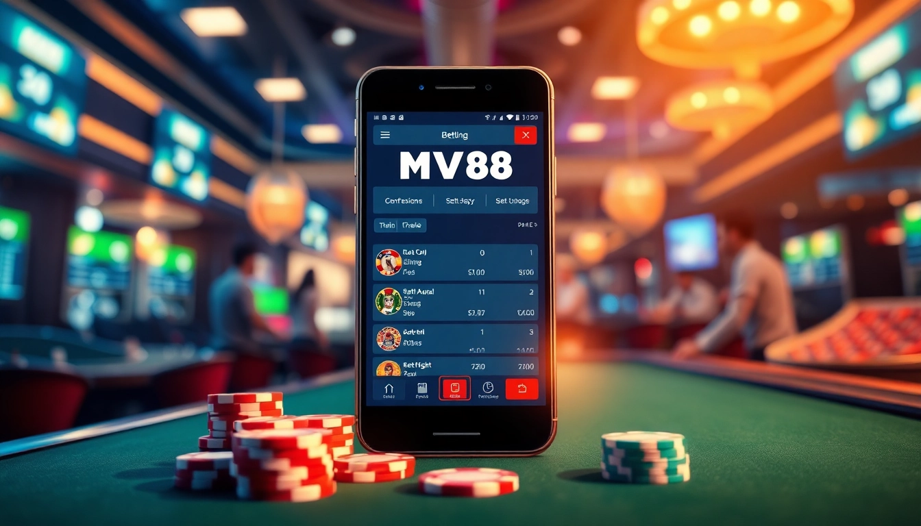 Mobile interface of MV88 app showcased in a dynamic casino setting, highlighting online betting excitement.