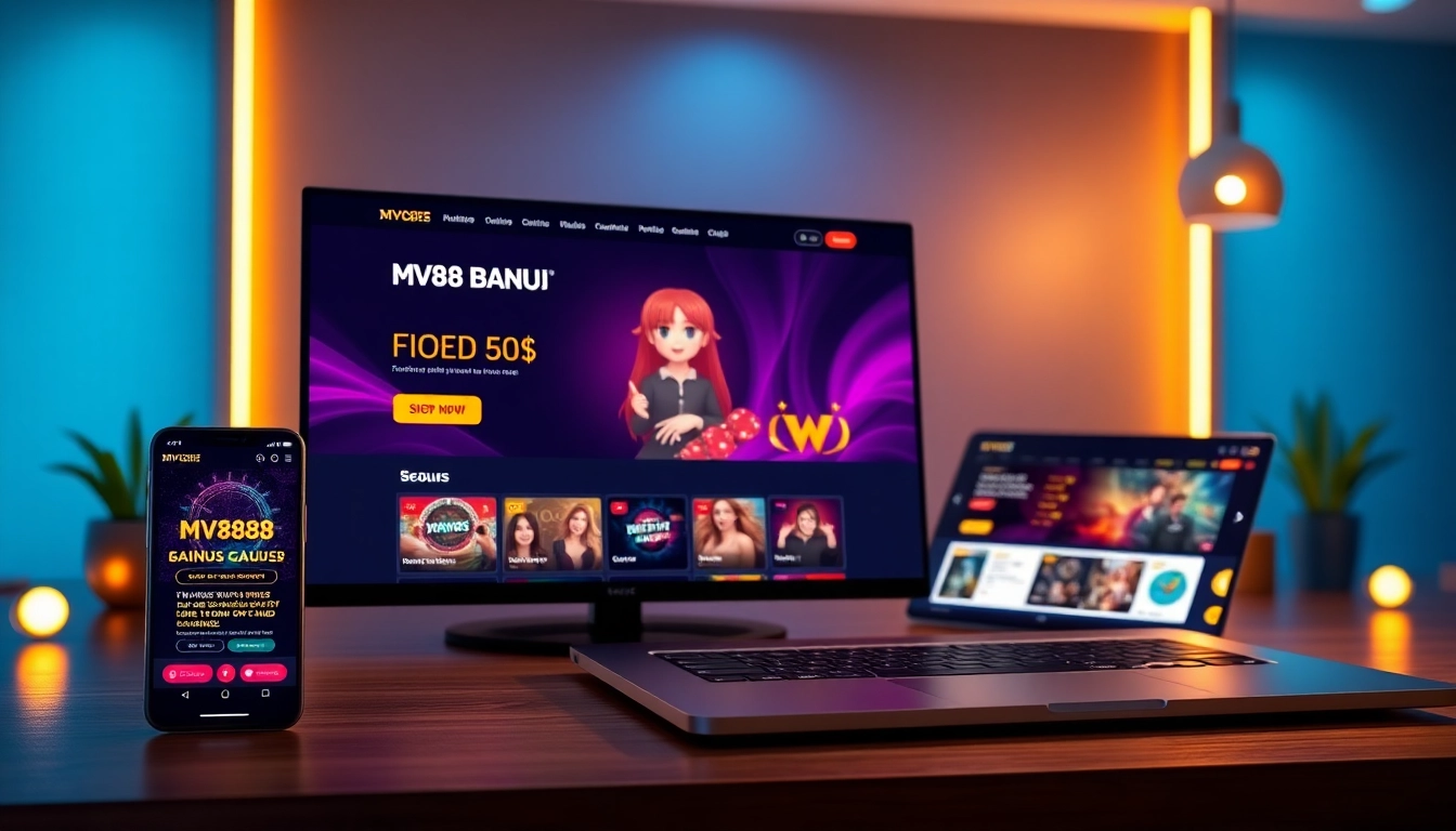 MV88 online gambling interface with promotional highlights and mobile app.