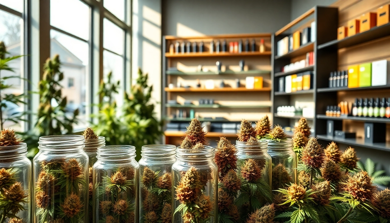 Explore the vibrant cannabis collection in a modern weed store with colorful products.