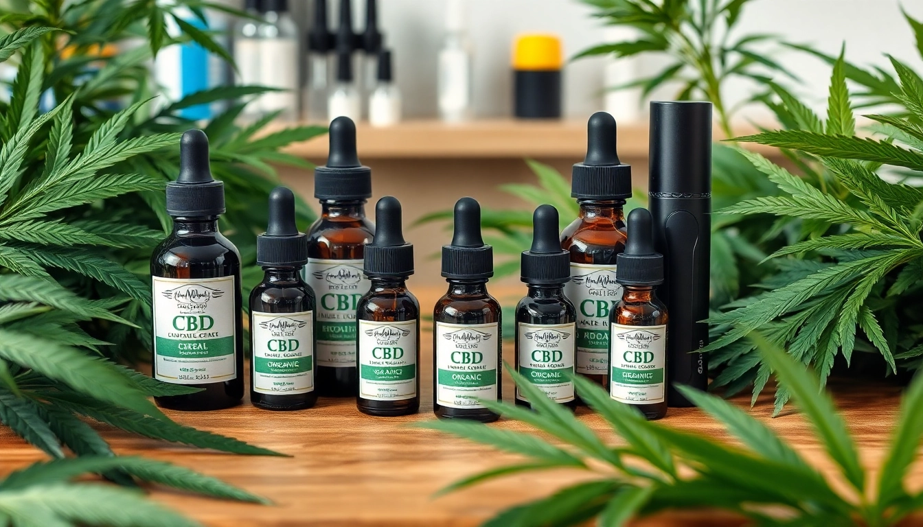 CBD öl bottles with natural hemp plants in a wellness setting