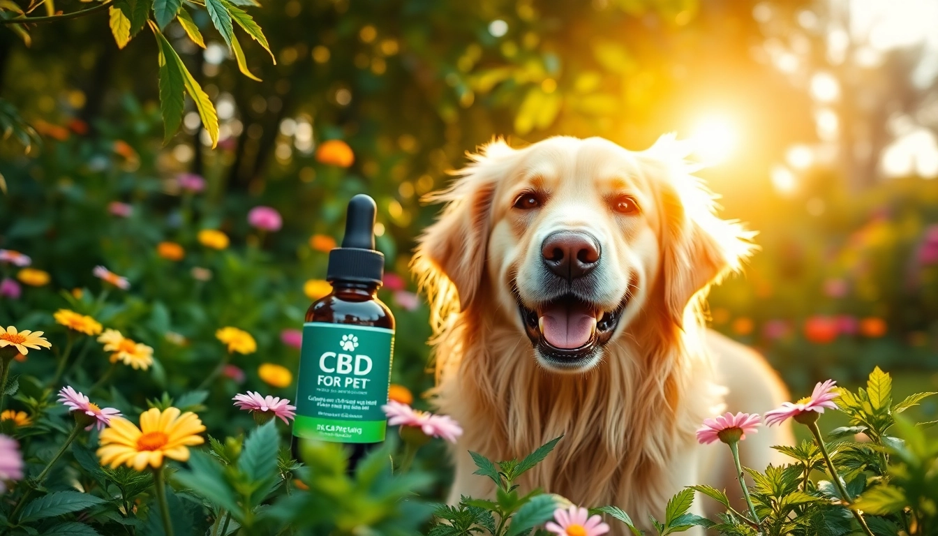 Showcase CBD For Pet effects with a joyful dog in a bright garden environment.
