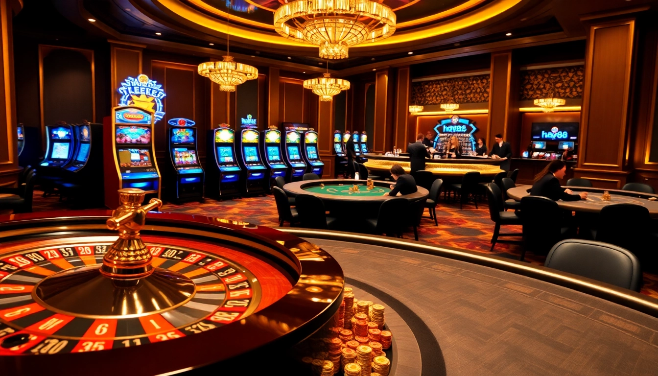 Experience thrilling poker games at hay88 with vibrant casino tables and luxurious decor.