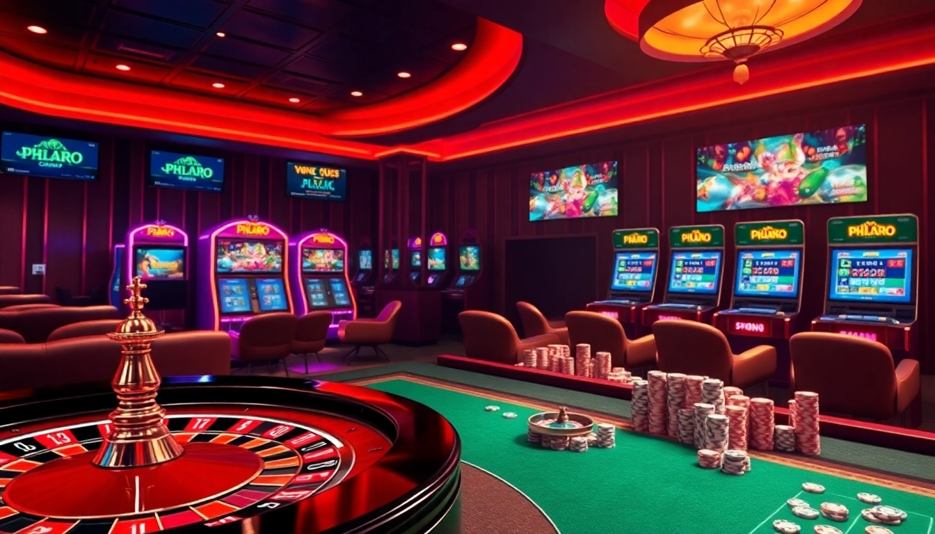 Start your journey with Phlaro at a luxurious casino featuring roulette, poker chips, and vibrant slot machines.