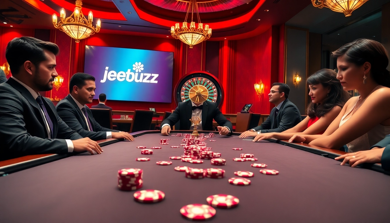 Engaging poker players in a vibrant casino scene featuring jeetbuzz branding and excitement.