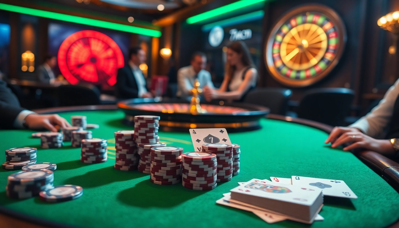 Engaging players at a 7mcn poker table with vibrant chips and cards.