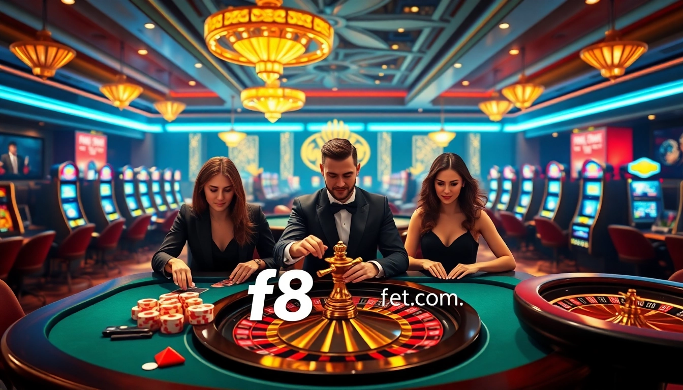 Experience the thrill of f8bet.com with a dynamic casino gaming scene illustrating poker and roulette.