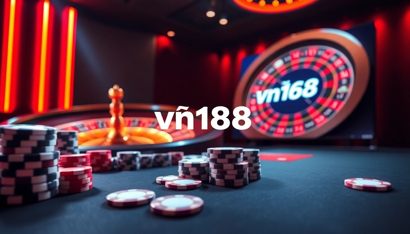 Engage in thrilling online gambling with VN168 đăng nhập on a luxurious gaming interface featuring cards and roulette.