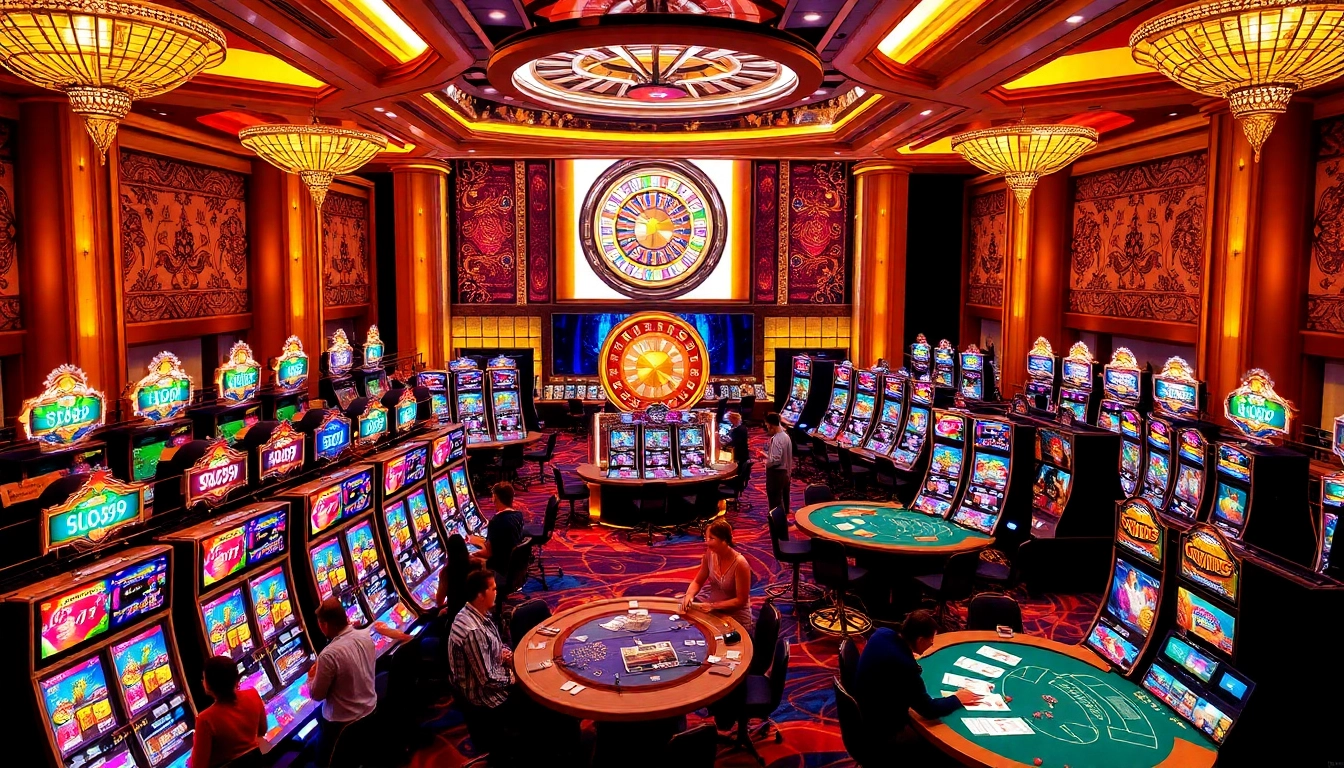 Experience luxury and excitement at SLOTS899.COM with vibrant slot machines and enthusiastic gamblers.