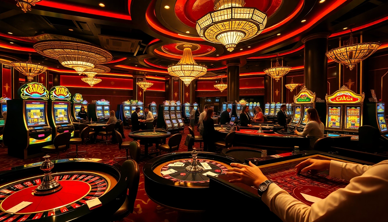 Excited players engaging in KJ C gaming with roulette and slot machines at a luxurious casino.