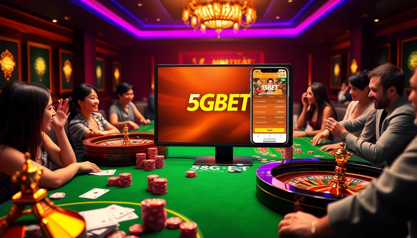 Experience the thrill of casino gaming with the 5GBET App displayed alongside poker chips and cards.