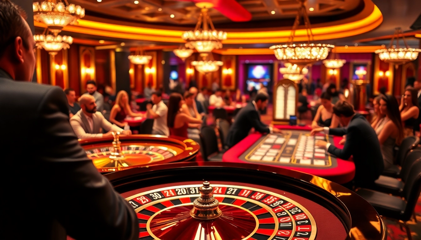 Experience the thrill of 7mcn at an opulent casino, with players engaged in roulette and poker.