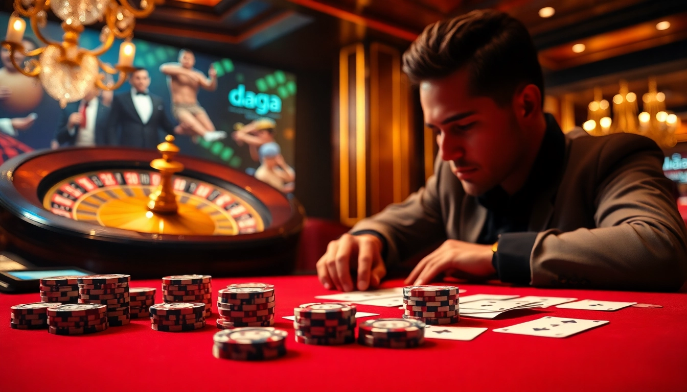 Experience high-stakes gaming excitement at daga.com with luxurious poker chips and a vibrant roulette wheel.