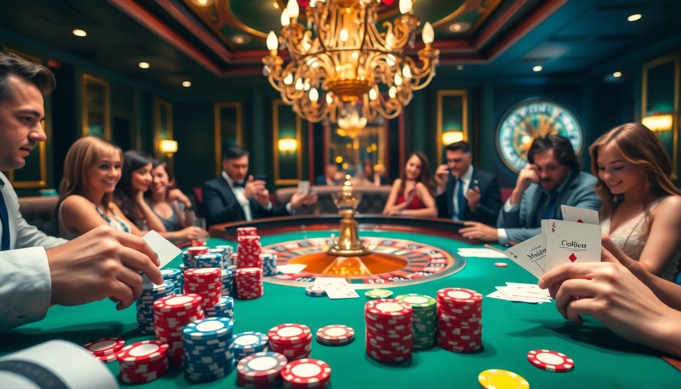 Players enjoying a high-stakes game at Lc88 casino with colorful poker chips.