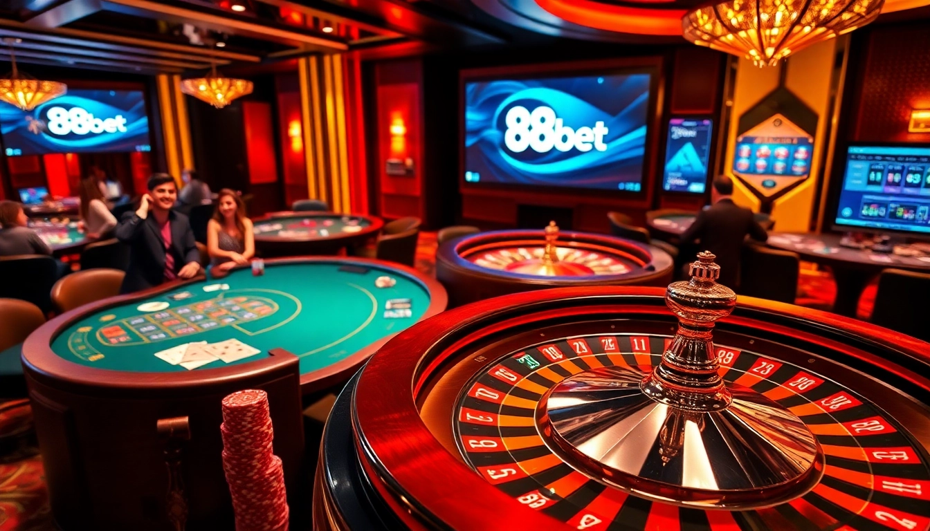 A vibrant casino scene highlighting 88bet gaming action with colorful poker chips and playing cards.