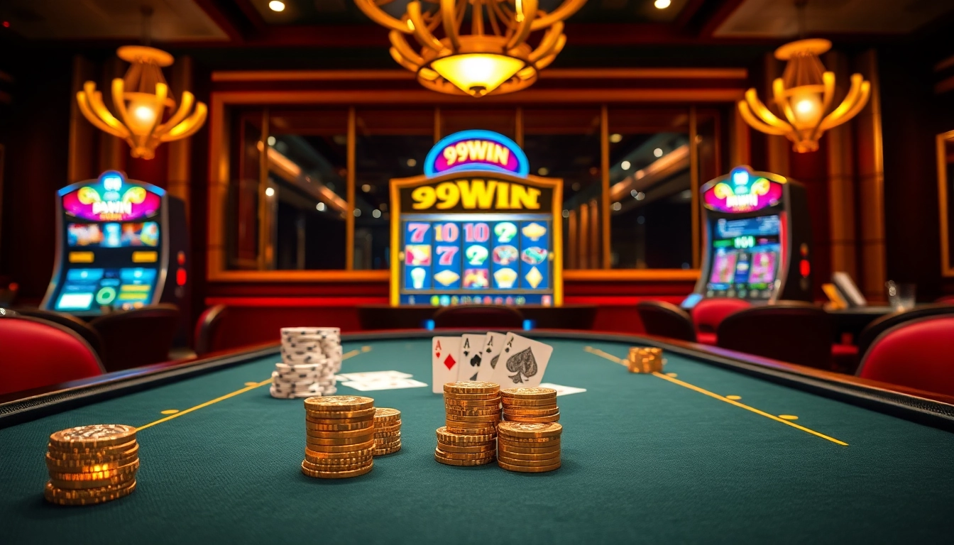 Experience the thrill of gambling at 99win with luxurious poker tables and vibrant slot machines.