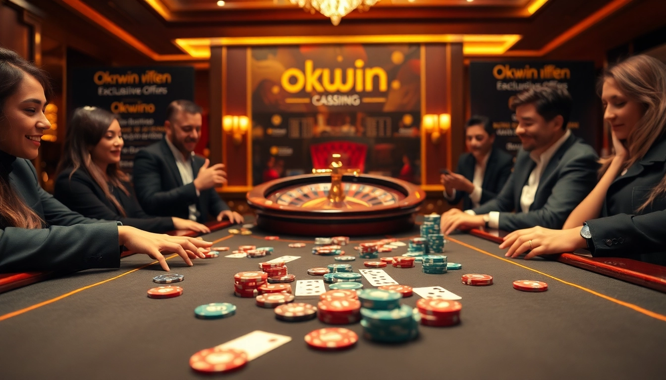 Okwin casino table scene with illuminated chips and excited players enjoying a professional atmosphere.