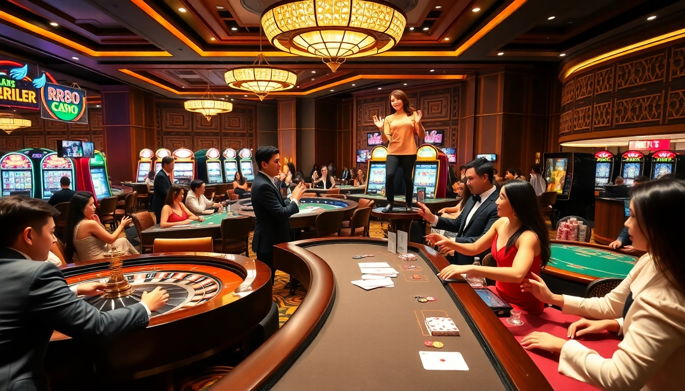 Experience the thrilling action at Nhà cái RR88 with players enjoying high-stakes poker and vibrant slot machines.