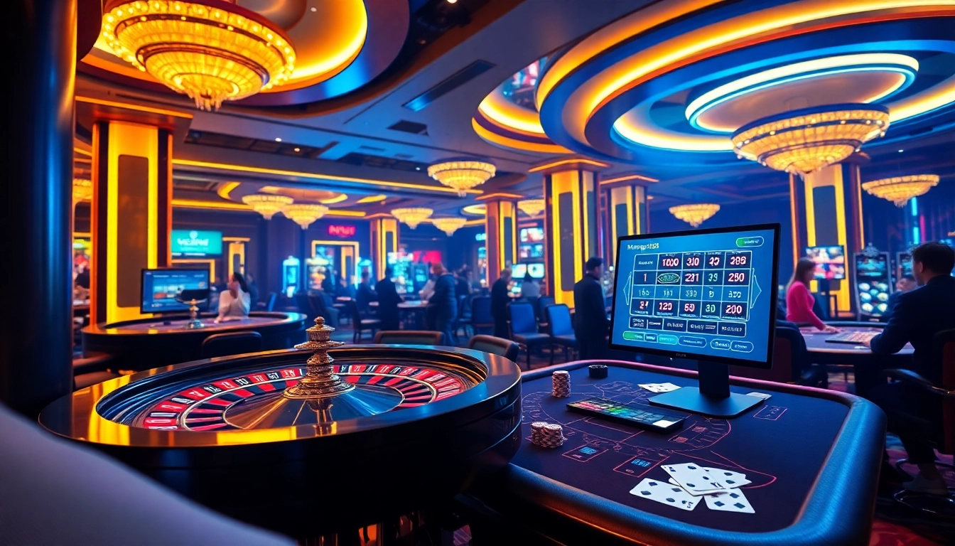 Exciting casino gaming scene at mg188 with roulette wheel and poker tables.