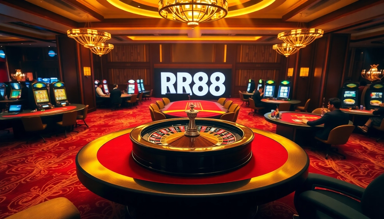 Engaging scene at RR88's casino showcasing poker tables and a roulette wheel, inviting gamblers.