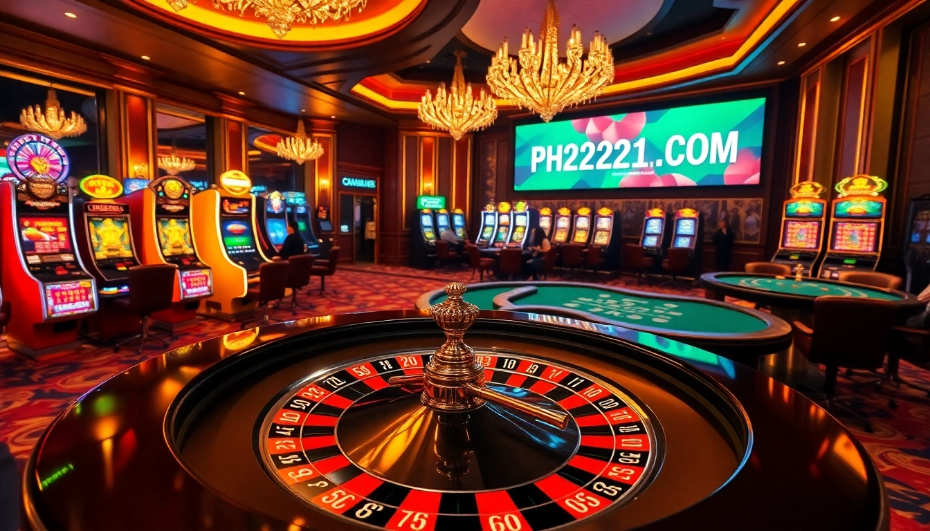 Experience the thrill of gambling at PH22211.COM with vibrant casino visuals featuring roulette and slots.